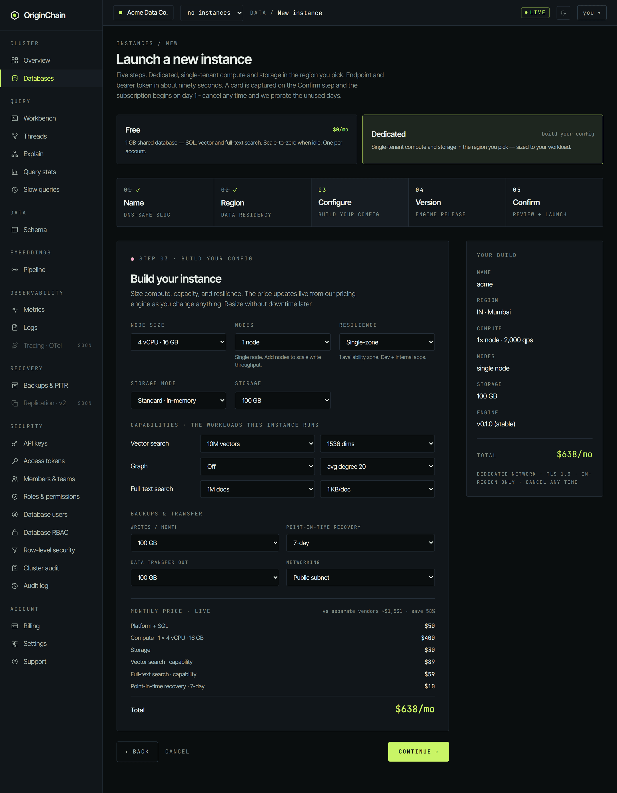 Step 03 of the wizard, 'Build your instance', showing node size, nodes and resilience selects, storage mode and storage, the three capability rows, backups and transfer options, and a live monthly price breakdown listing platform, compute, storage, vector search, full-text search and point-in-time recovery with a total.