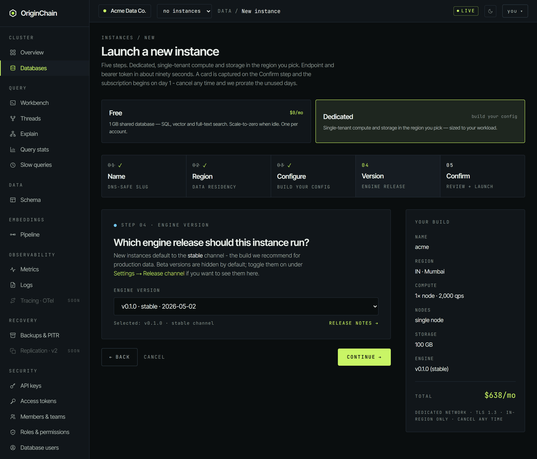 Step 04 of the wizard, 'Which engine release should this instance run?', with an engine version select showing the stable channel, a Release notes link, and a note that beta versions are hidden by default.