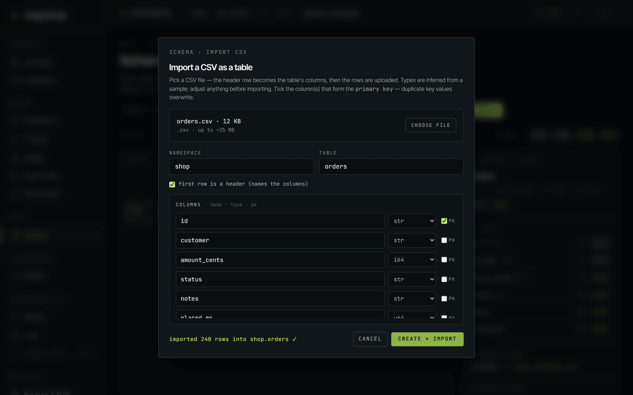 The Import CSV dialog after a successful run. The same six columns are listed, and the status line at the bottom left reads imported 240 rows into shop.orders with a tick, in the accent colour.