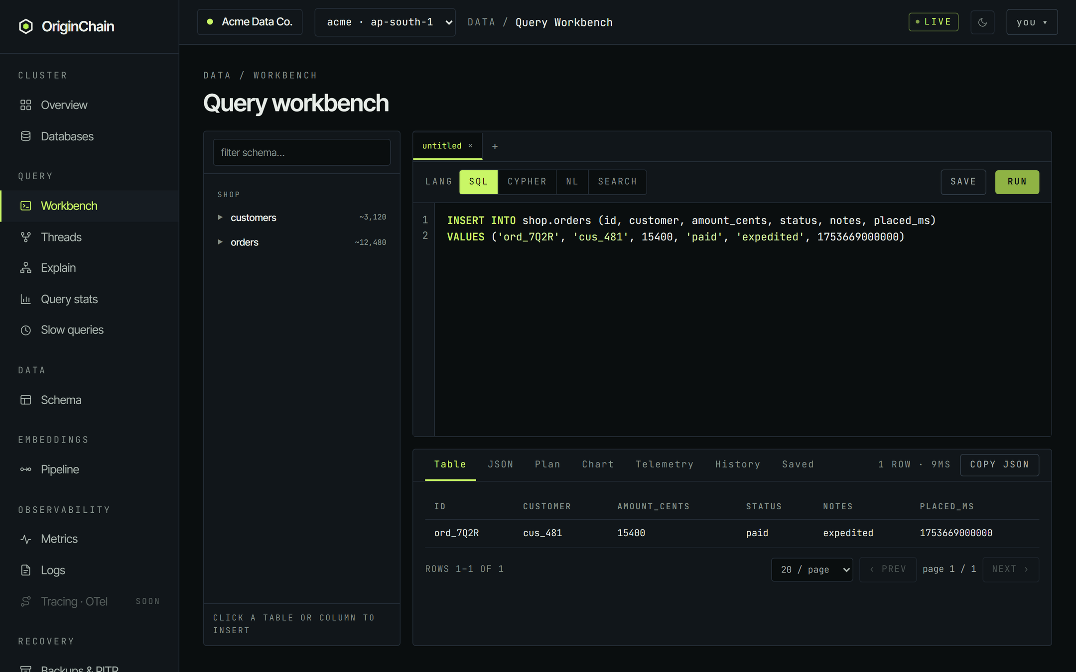The Query workbench running an INSERT INTO shop.orders with six columns and one VALUES tuple. The left rail lists the shop namespace with its customers and orders tables and their approximate row counts. The results pane below is on the Table tab, showing a single row - ord_7Q2R, cus_481, 15400, paid, expedited, 1753669000000 - and the meta line reads 1 row, 9ms.