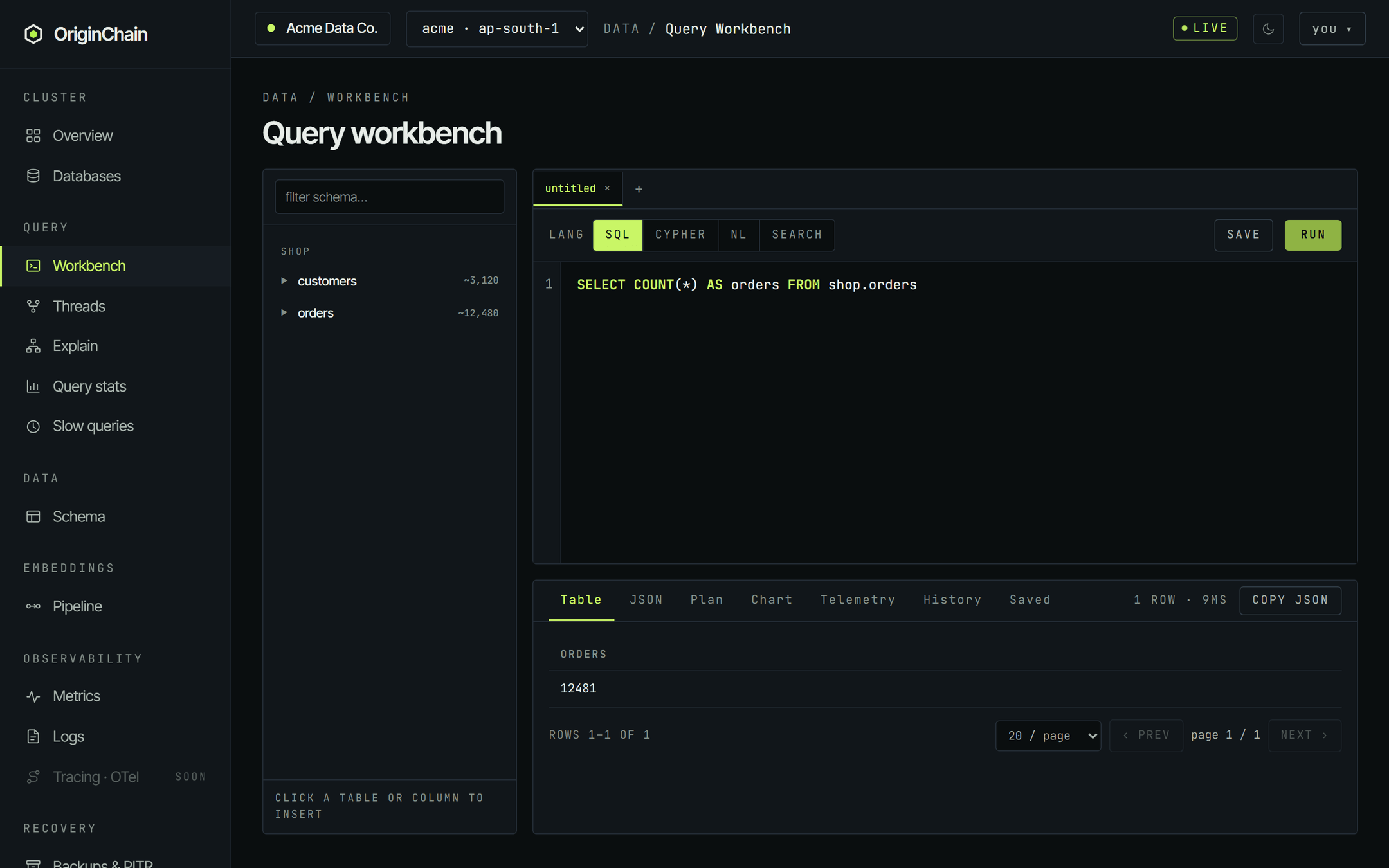 The Query workbench running SELECT COUNT star AS orders FROM shop.orders. The results pane shows a single column headed orders with the value 12481, and the meta line reads 1 row, 9ms.