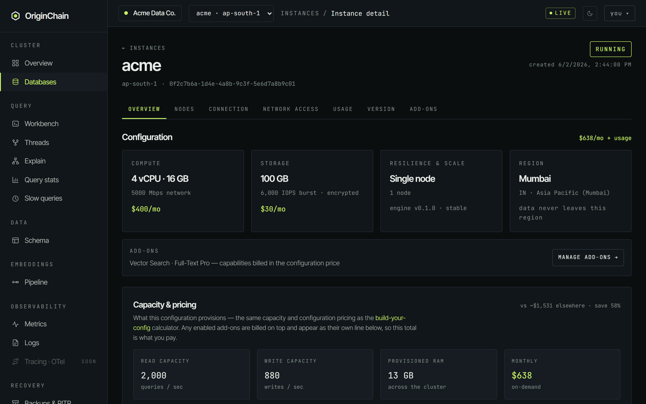 The Overview tab of a running instance showing four configuration cards for compute, storage, resilience and region, an add-ons summary line, and the top of the Capacity and pricing panel.