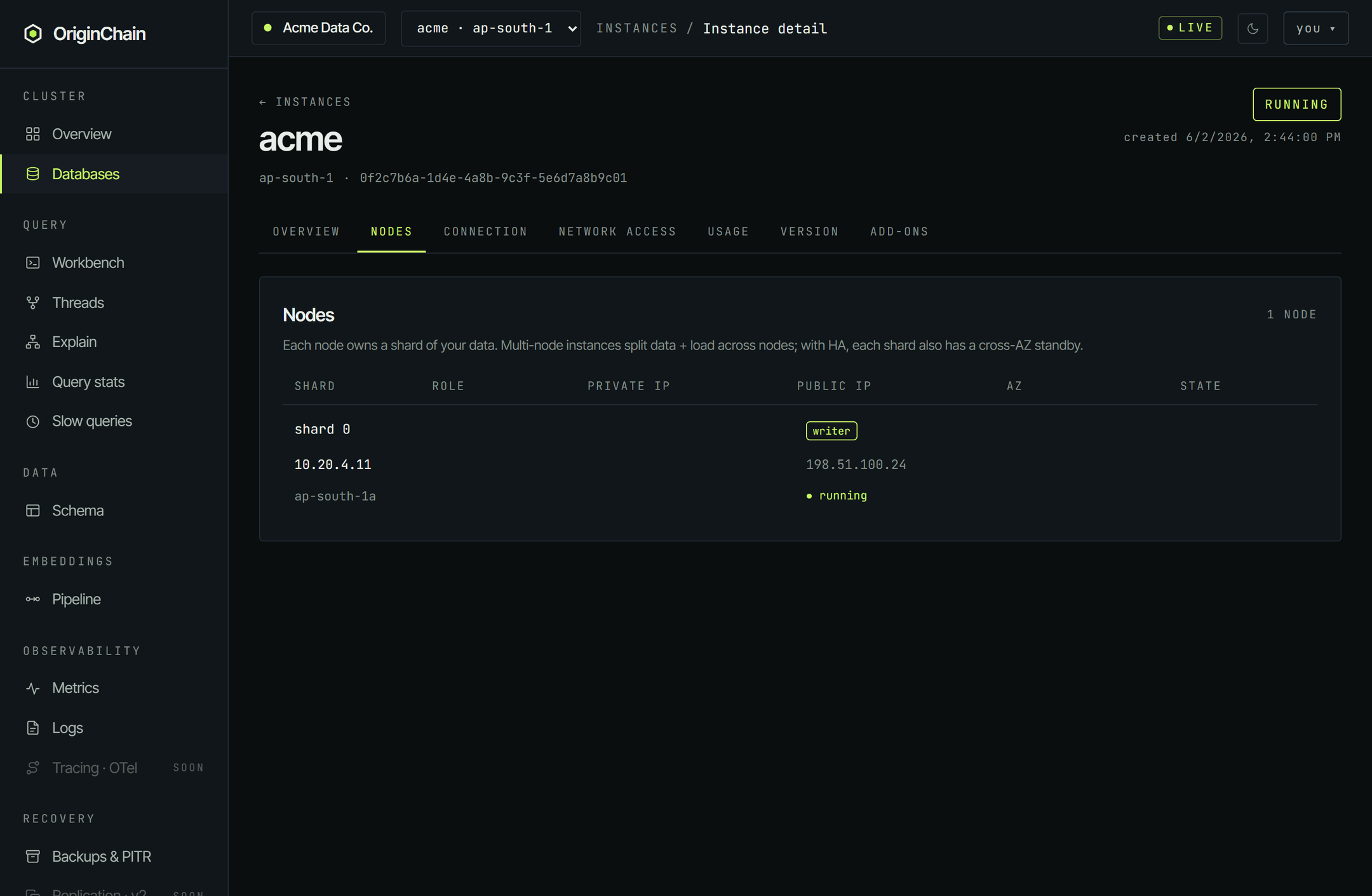 The Nodes tab showing a one-node count and a single entry for shard 0 with the writer role, a private address, a public address, an availability zone, and a running state.