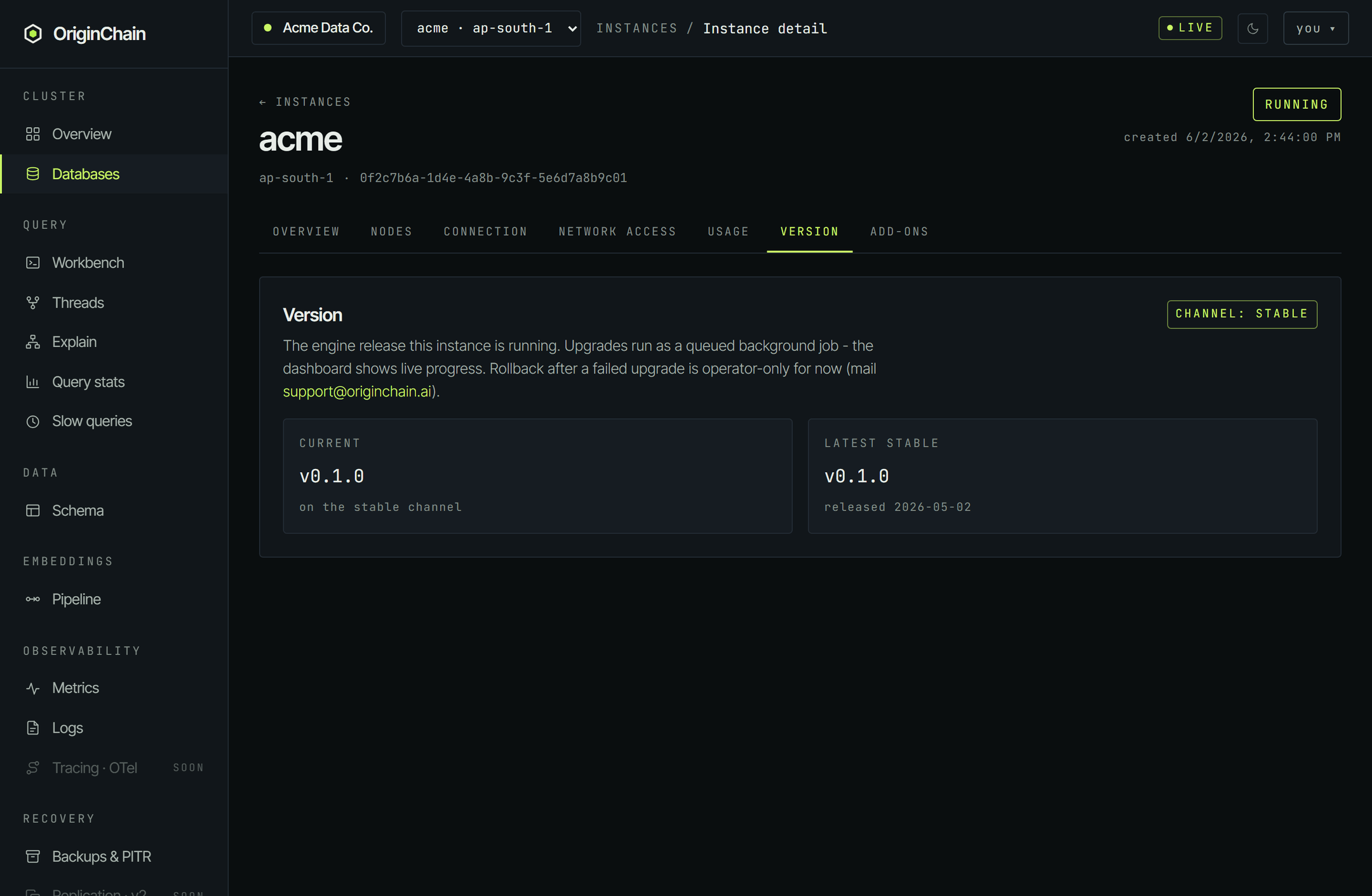 The Version tab showing a channel badge reading stable, a Current card with the running engine version, and a Latest stable card with the same version and its release date.