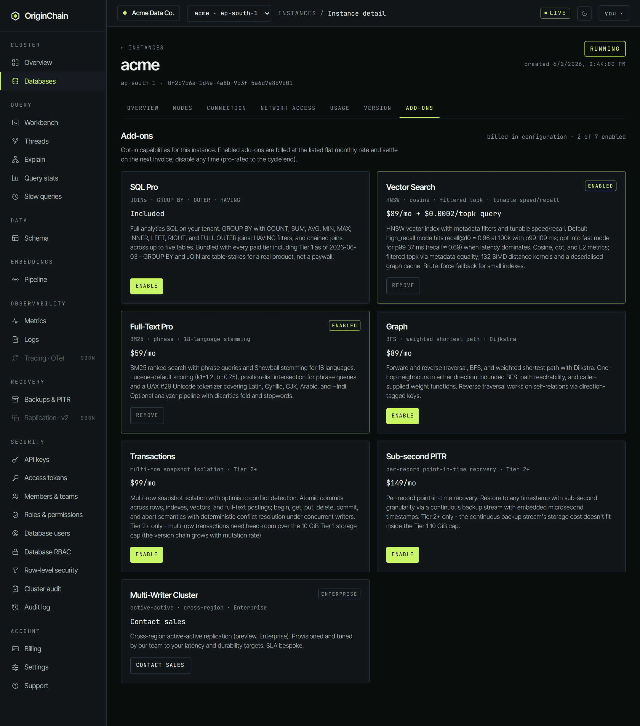 The Add-ons tab showing a grid of capability cards - SQL Pro, Vector Search, Full-Text Pro, Graph, Transactions, sub-second point-in-time recovery and a multi-writer cluster - with ENABLED badges on two of them and a header reading billed in configuration.