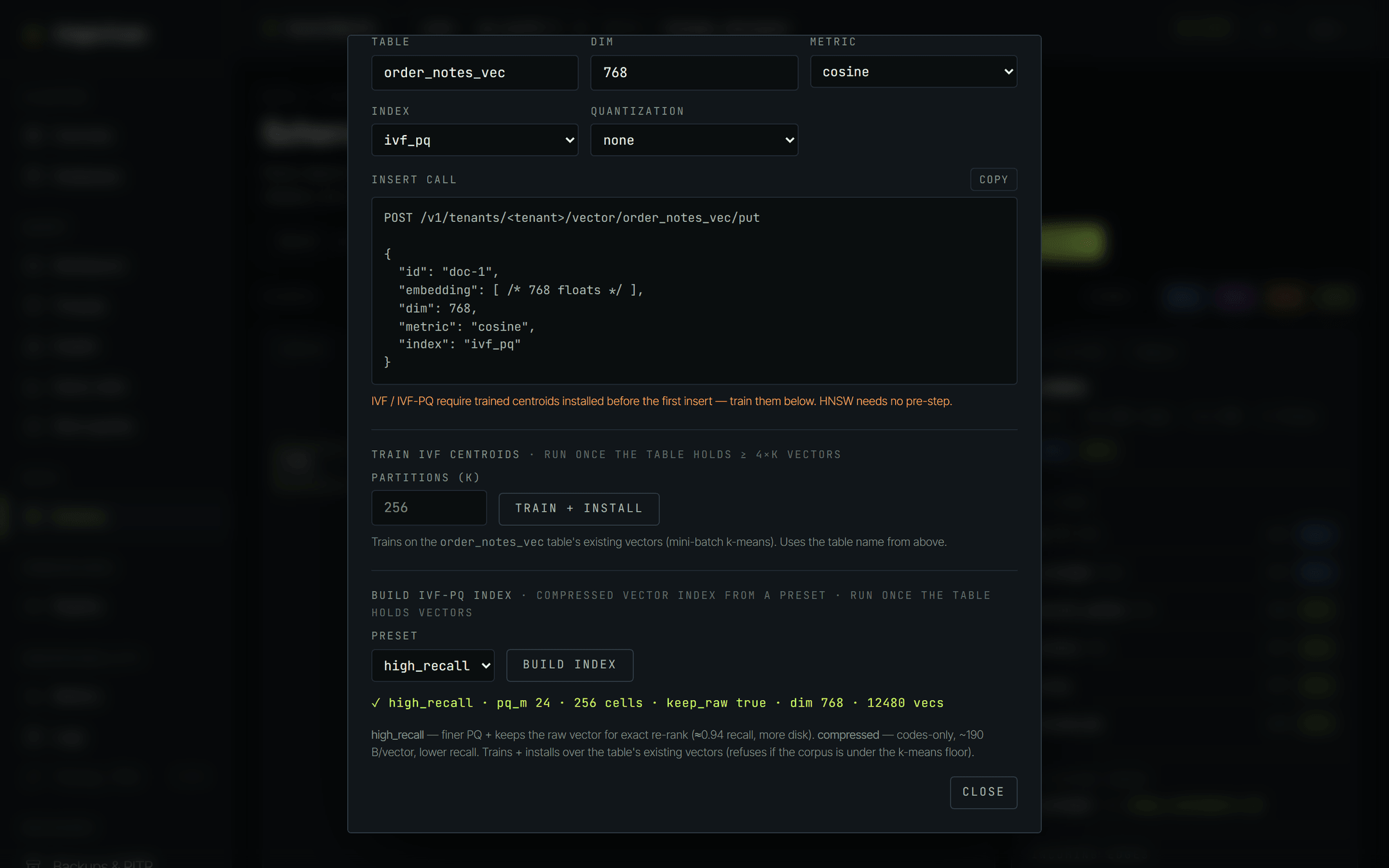 The lower half of the Vector tab. A Train IVF centroids section sets partitions to 256 with a Train and install button. Below it the Build IVF-PQ index section has the preset dropdown set to high_recall, and a green confirmation line reading high_recall, pq_m 24, 256 cells, keep_raw true, dim 768, 12480 vecs. A paragraph underneath explains the difference between the high_recall and compressed presets.