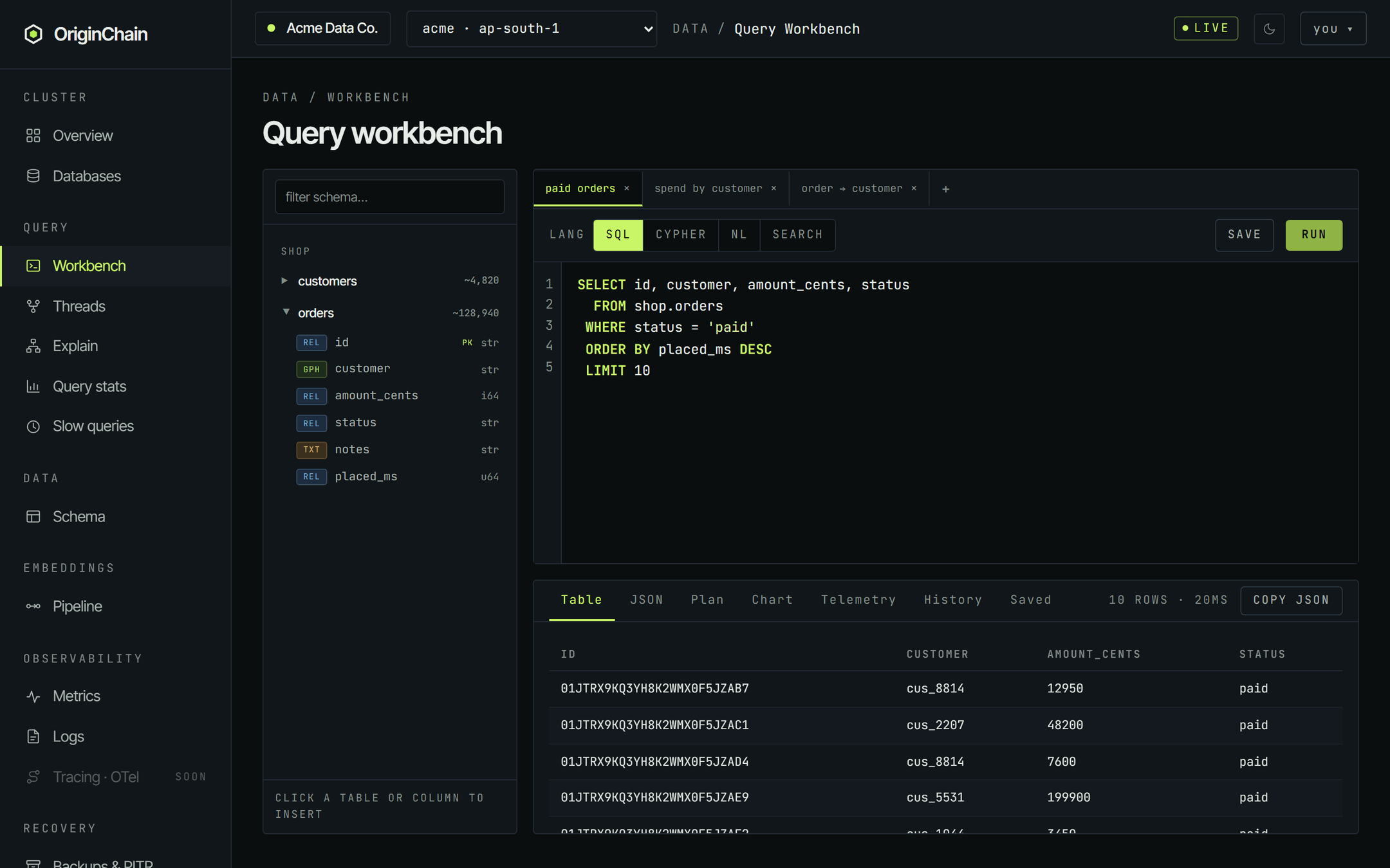 The full query workbench: a schema rail on the left with the orders table expanded to show its columns, three named editor tabs across the top, the LANG switcher with SAVE and RUN, and a results panel below showing ten rows.