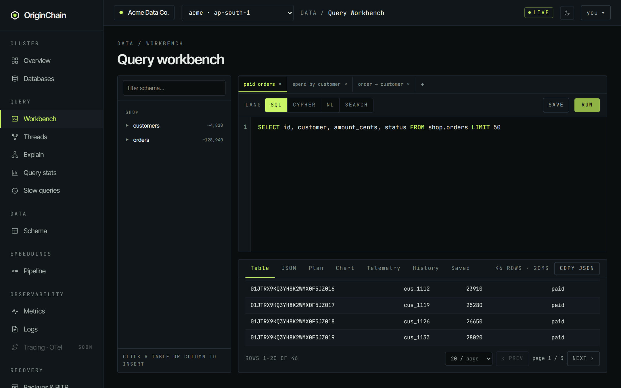 The workbench results panel scrolled to the bottom of the Table tab, showing the pager: rows 1 to 20 of 46 on the left, and a 20-per-page select with prev and next buttons and a page 1 of 3 indicator on the right.