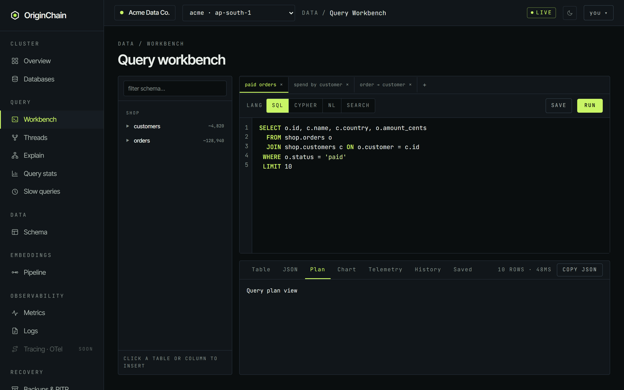 The workbench Plan tab selected after running a join query, showing only the placeholder text 'Query plan view' instead of a plan.