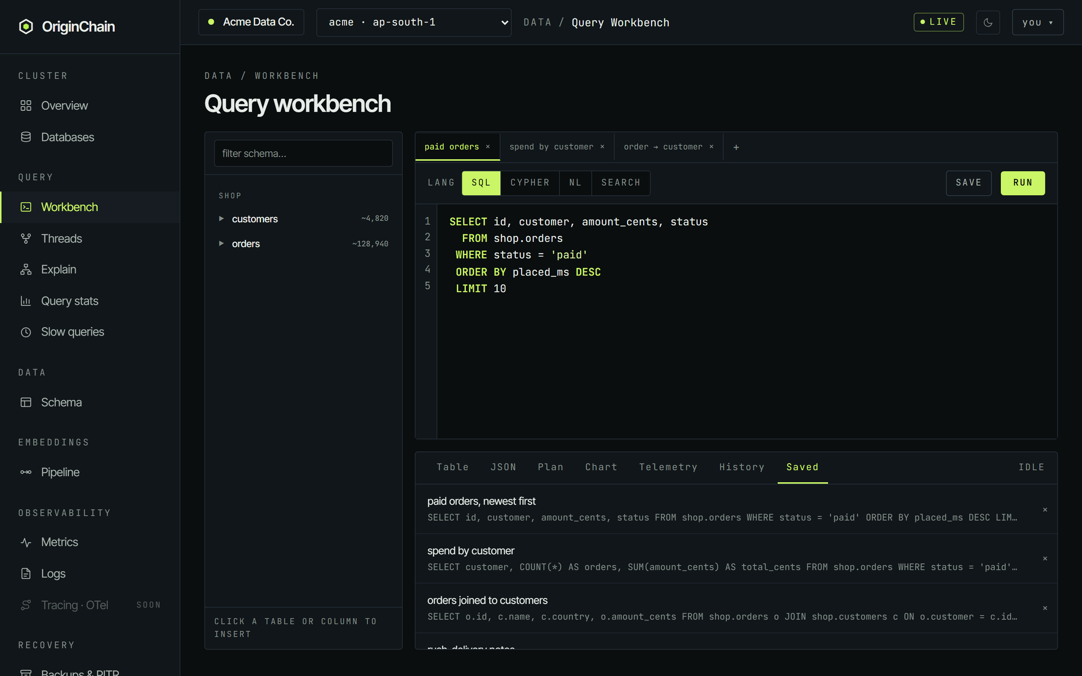 The workbench Saved tab listing four saved queries, each showing its name above a truncated preview of the query text, with a delete cross on the right of each row.