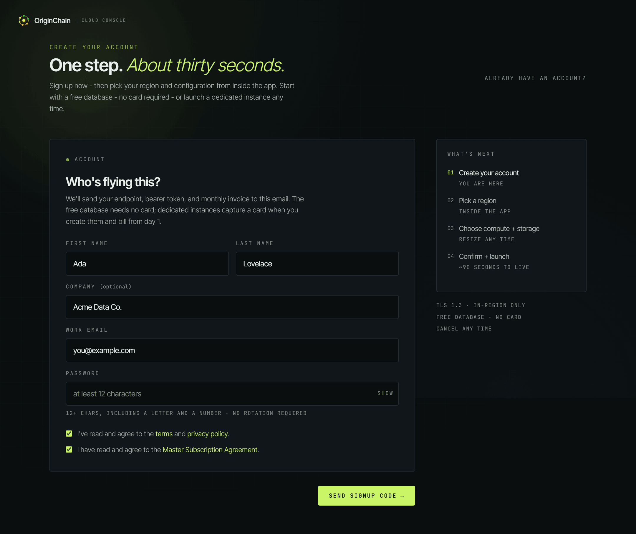 The OriginChain signup form filled in with example details - first and last name, company, and work email - with both agreement checkboxes ticked and the Send signup code button below them.