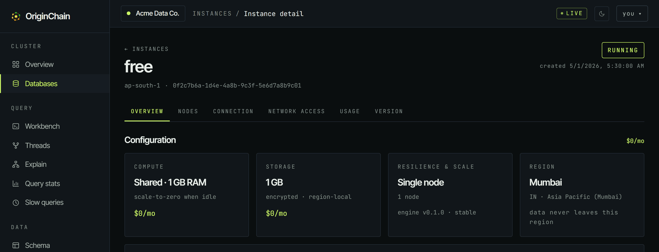 The Overview tab of a running free database, with a RUNNING badge and Configuration cards reading Shared 1 GB RAM compute, 1 GB storage, Single node, and the Mumbai region. The Connection tab sits in the row of tabs above.
