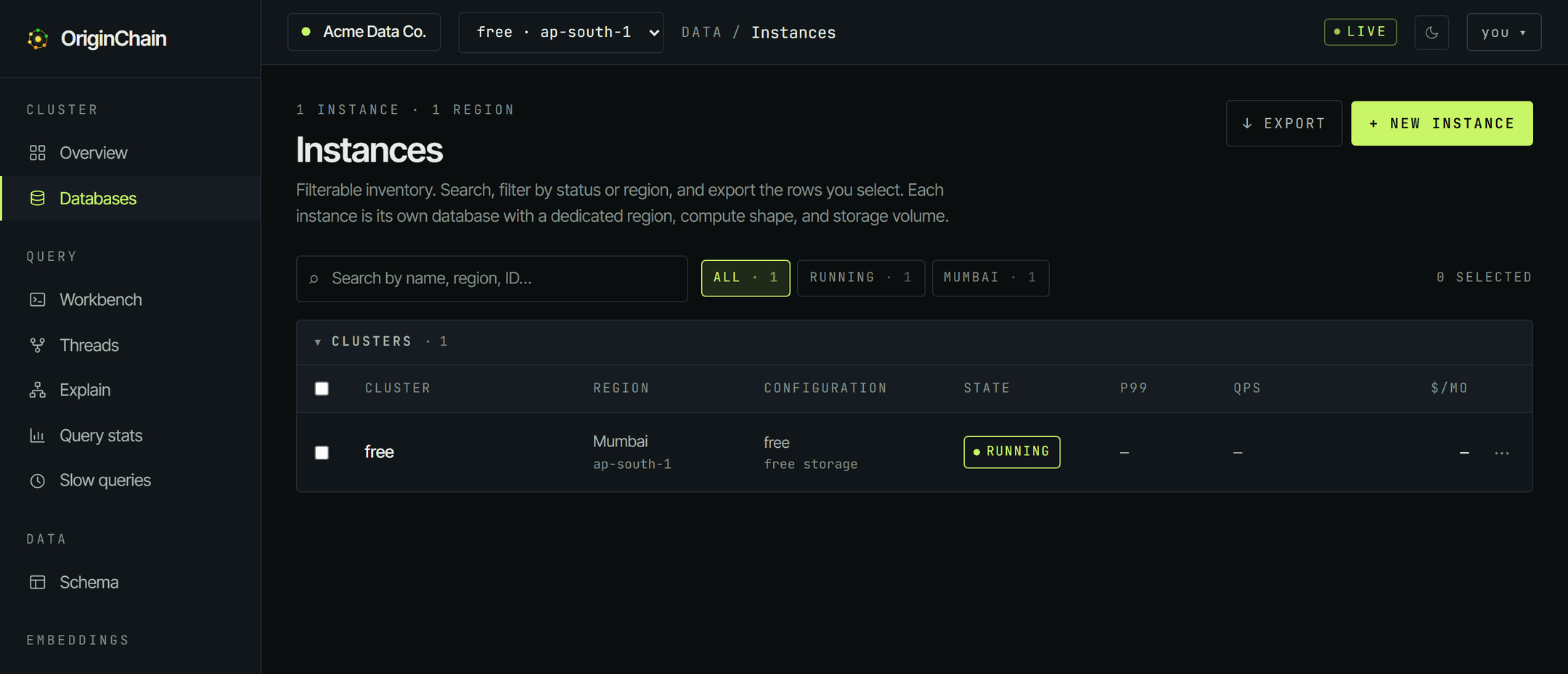 The console Databases list with one row: a database named free in the Mumbai region on the free configuration, with a green RUNNING badge in the State column.