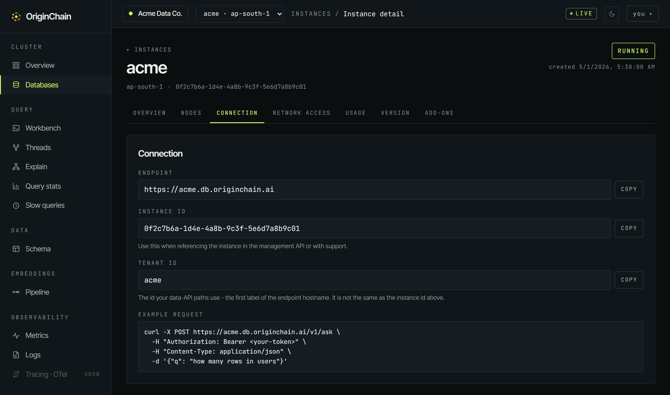 The Connection tab of an instance in the console, listing the endpoint URL https://acme.db.originchain.ai, the instance ID, a tenant ID of acme, and an example curl request whose Authorization header carries a Bearer your-token placeholder rather than a real token.